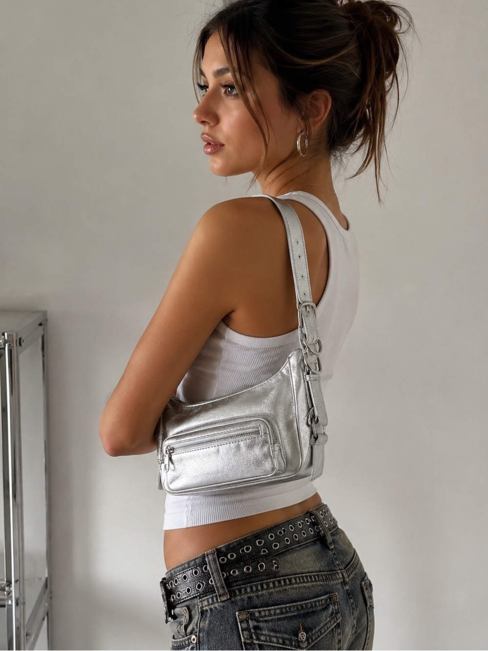 Madden Girl Small Silver Metallic Y2K Shoulder Mini Hobo Bag New